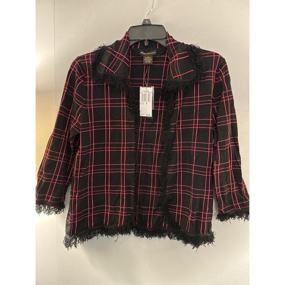 Grace Dane Lewis NWT Black Pink Plaid Fringe Trim Open Cardigan Jacket M